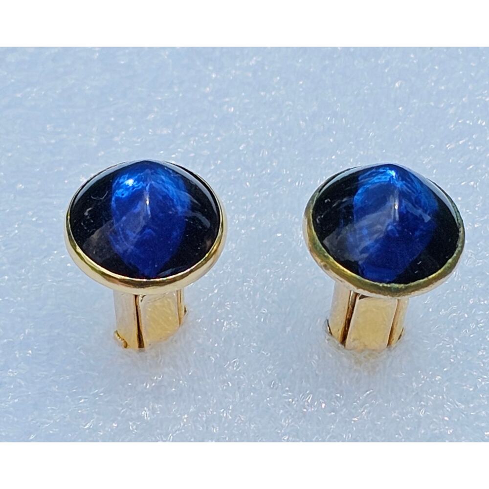 Vintage Swank Blue Pyramid Cat's Eye Cufflinks Gold Tone Mid Century Modern MCM